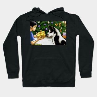 Boy and His Dog Opening Christmas Presents - Greeting Card Hoodie